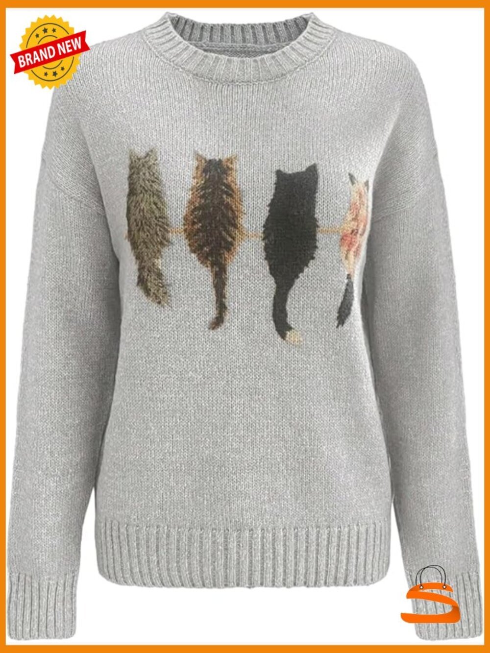 Cat Print Crew Neck Long Sleeve Pullover Sweater Women Fall Knit Tops